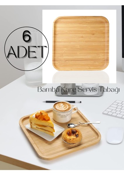 6 Adet Bambu Kare Servis Tabağı Sunum Seti 20 x 20 cm