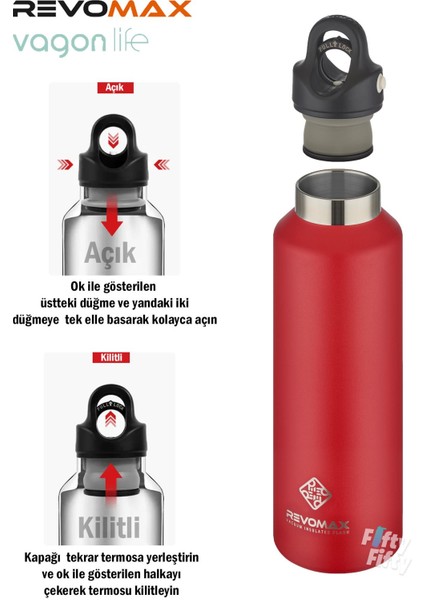 Revomax 592 ml Büyük Kapasiteli Özel Kapak Sistemli 18SAAT Sıcak/36 Saat Soğuk Çelik Termos -592ML