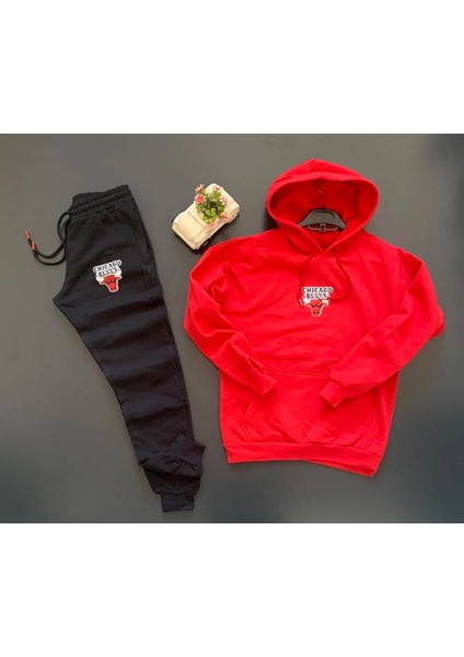 Büyük Beden Özel Tasarım Kapüşonlu Boğa Baskılı 3 Iplik Şardonlu %100 Pamuk Erkek Eşofman Takımı