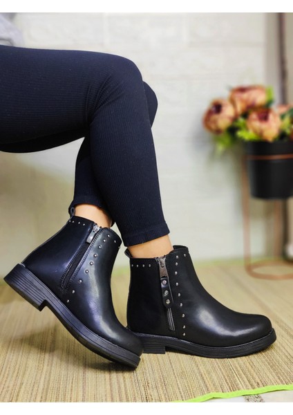 Meluxury  Shoes Siyah Nubuk ve Cilt Kadın Bot & Bootie