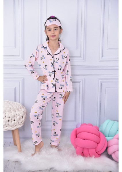 Pija Kids Pembe Tavşan Desenli Düğmeli Kız Çocuk Pijama Takımı 17087