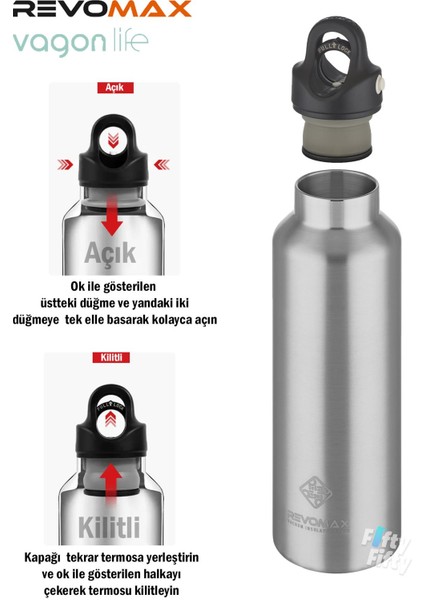 Revomax 592 ml Büyük Kapasiteli Özel Kapak Sistemli 18SAAT Sıcak/36 Saat Soğuk Çelik Termos -592ML