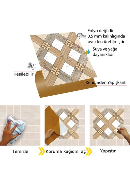 Kendinden Yapışkanlı Ahşap 016 Desenli Pvc Karo 30X30 cm (4 Adet) 0,36 M2