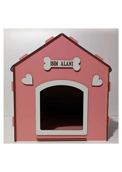 Süper Set Ahşap Dekoratif Köpek Evi-Kulübesi ,kedi Evi Minder ve Zincir Tasma (Pembe-Beyaz)