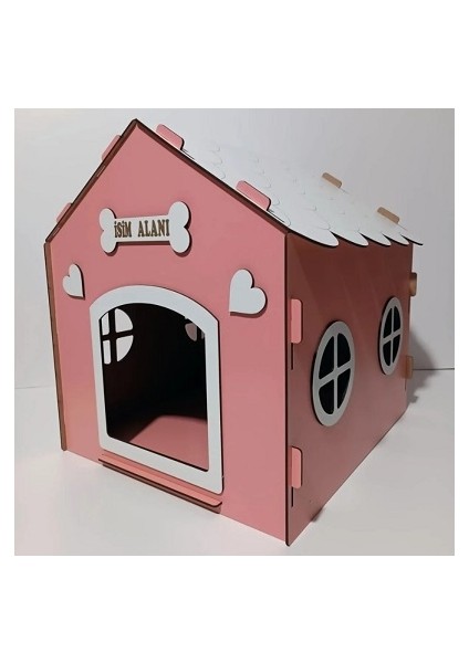 Süper Set Ahşap Dekoratif Köpek Evi-Kulübesi ,kedi Evi Minder ve Zincir Tasma (Pembe-Beyaz)