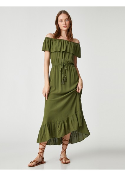 Midi Boy Elbise Omzu Açık Volanlı Beli Bağlamalı