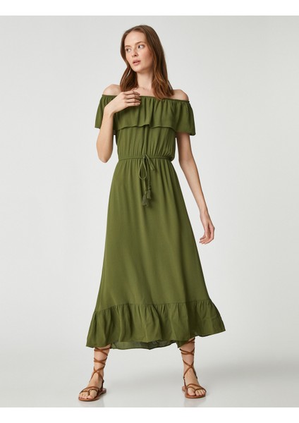 Midi Boy Elbise Omzu Açık Volanlı Beli Bağlamalı fiyatları
