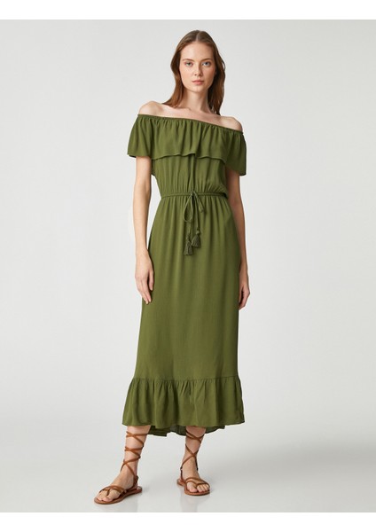 Midi Boy Elbise Omzu Açık Volanlı Beli Bağlamalı modelleri