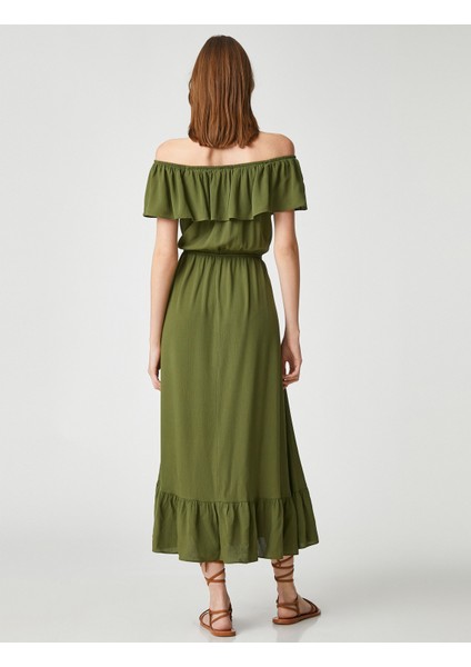 Midi Boy Elbise Omzu Açık Volanlı Beli Bağlamalı fırsatları