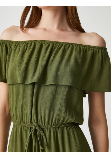 Midi Boy Elbise Omzu Açık Volanlı Beli Bağlamalı indirimleri