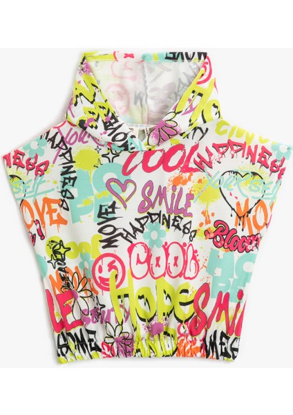 Kolsuz Kapşonlu Sweatshirt Crop Grafiti Baskılı