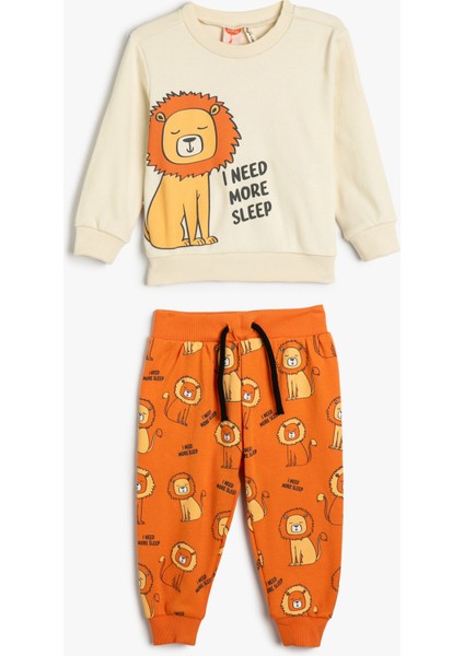 Pijama Takımı Aslan Baskılı Uzun Kollu Bisiklet Yaka Pamuklu