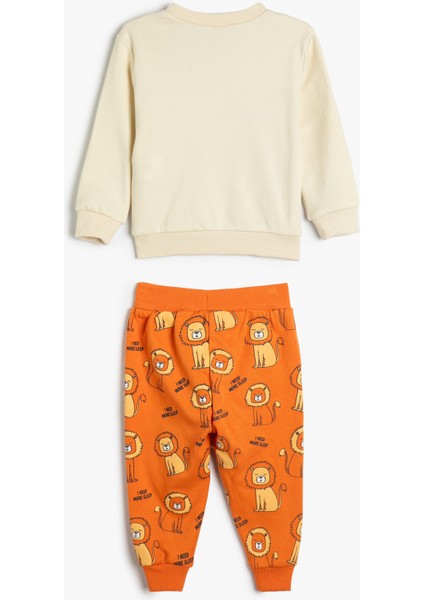 Pijama Takımı Aslan Baskılı Uzun Kollu Bisiklet Yaka Pamuklu