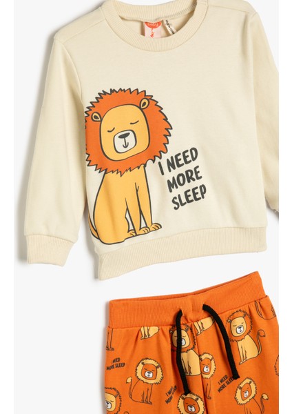 Pijama Takımı Aslan Baskılı Uzun Kollu Bisiklet Yaka Pamuklu