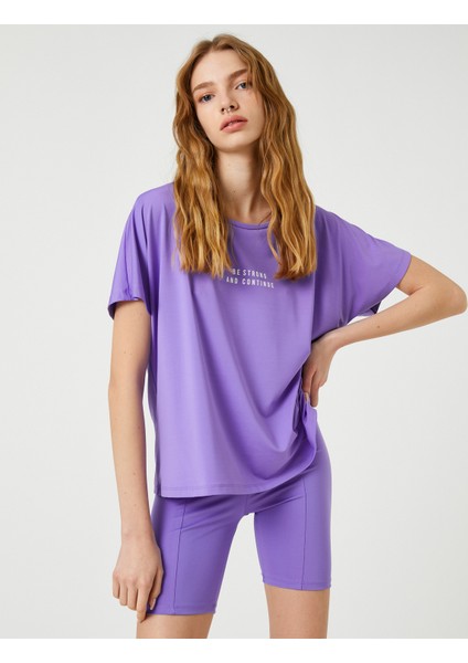 Oversize Spor Tişört Slogan Baskılı Kayık Yaka