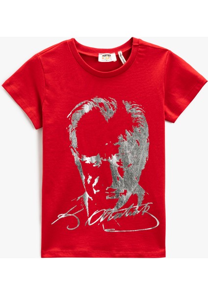 Atatürk Baskılı Tişört Kısa Kollu Bisiklet Yaka Pamuklu