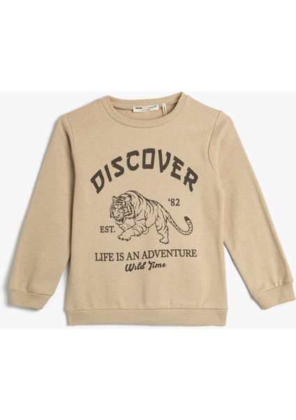 Sweatshirt Kaplan Baskılı Uzun Kollu Bisiklet Yaka Şardonlu