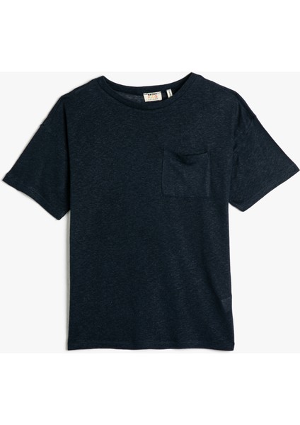 Keten Tişört Kısa Kollu Yuvarlak Yaka Cep Detaylı