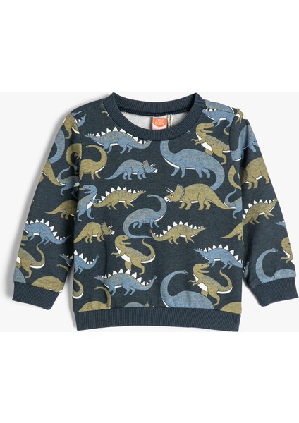Dinozorlu Sweatshirt Bisiklet Yaka Uzun Kollu Şardonlu