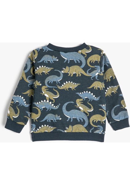 Dinozorlu Sweatshirt Bisiklet Yaka Uzun Kollu Şardonlu