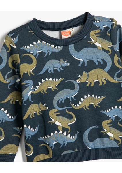 Dinozorlu Sweatshirt Bisiklet Yaka Uzun Kollu Şardonlu