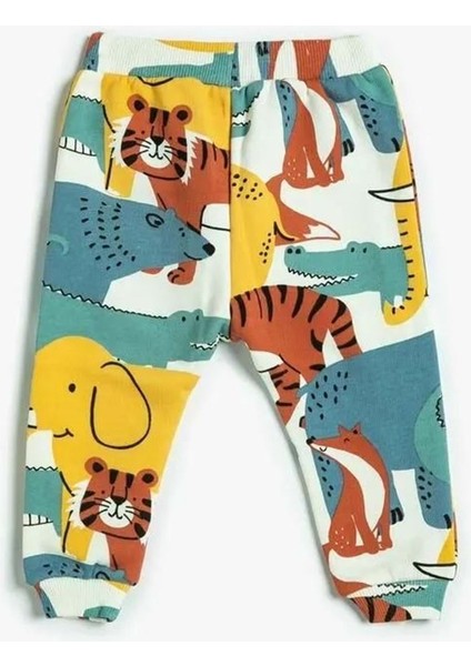 Erkek Bebek Jogger Eşofman Altı Beli Bağlamalı Hayvanlar Baskılı Pamuklu - Koton - 4WMB40097TK - Ekru Desenli - 9-12 Ay