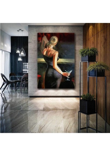 Sırtı Dönük Içki Içen Siyah Elbiseli Kadın Bar Woman Kanvas Tablo ART00117
