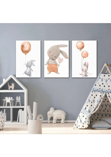 Elinde Balon Tutan Turuncu Elbiseli Tavşan Çocuk Odası Dekor Üçlü Kombin Kanvas Tablo ART0061