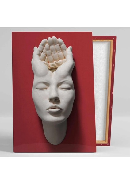 Gözleri Kapalı Kırımızı Duvardan Çıkan Heykel Üçlü Kombin 3 Lü Set Kanvas Tablo ART0058 fiyatları