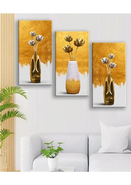 Dekoratif Altın Detaylı 3 Lü Kanvas Tablo AR088