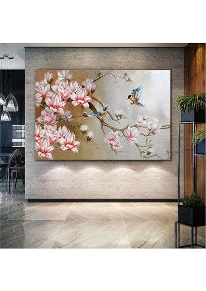 Dokoratif Yağlı Boya Efektli Çiçek Modern Dala Konmuş Kuş Kanvas Tablo ART00106