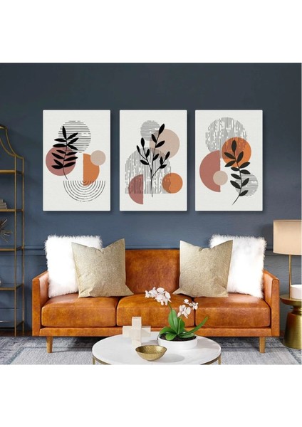 Boho Çizgisel Daire Yapraklar Ilüstrasyon Üçlü Kombin 3 Lü Set Kanvas Tablo ART0056