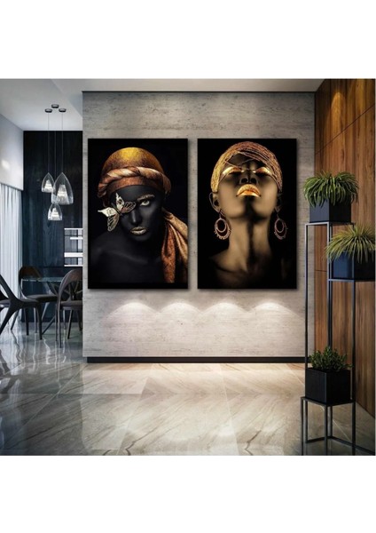 Afrikalı Siyahi Kadın Portre Gold African Woman Ikili Kombin 2 Li Set Kanvas Tablo ART0063