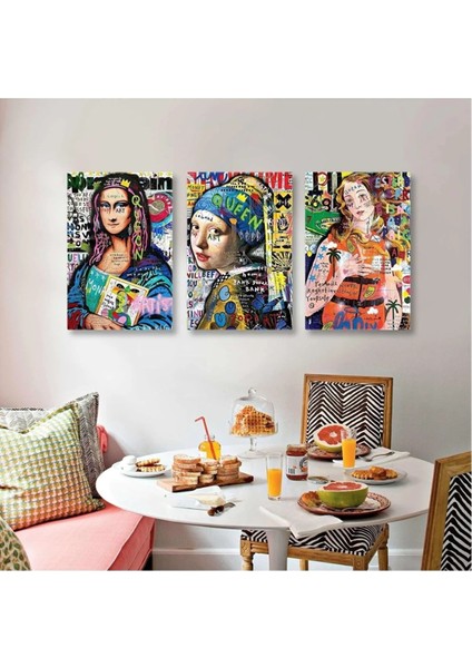 Mona Lisa Inci Küpeli Kız ve Venüsün Doğuşu Grafiti Sokak Sanatı 3 Lü Set Kanvas Tablo ART0090