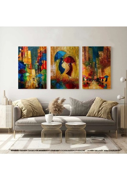 Şemsiyeli Çift Soyut Aşk Love Yağmur Dekoratif Modern Üçlü Kombin 3 Lü Set Kanvas Tablo ART0057
