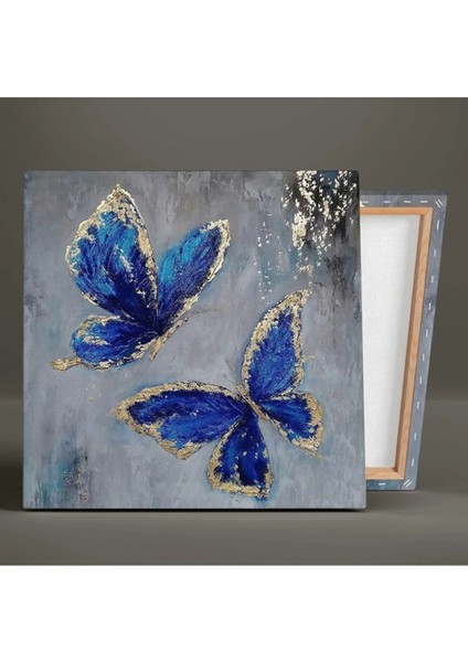 Altın Kanatlı Uçan Mavi Kelebekler Hayvan Doğa Dekor Kanvas Tablo ART0054