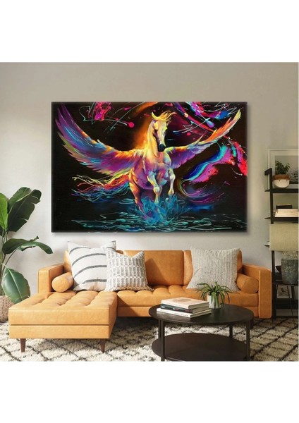 Neon Renkler Kanatlı Uçan At Asil Pegasus Mistik Kanvas Tablo ART0037