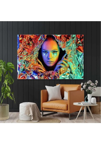 Renkli Neon Renklerin Içinden Çıkan Kadın Kanvas Tablo ART0035
