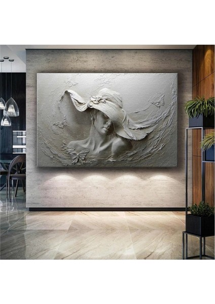 Beyaz Mermer Kabartma Efektli Şapkalı Kadın 3D Kanvas Tablo ART00146