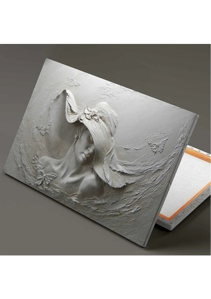 Beyaz Mermer Kabartma Efektli Şapkalı Kadın 3D Kanvas Tablo ART00146 fiyatları