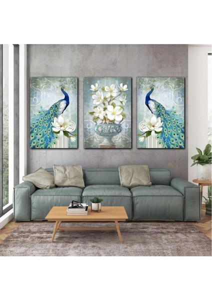 Turkuaz Mavi Tavus Kuşu Beyaz Çiçekler Antika Saksı Dekor Üçlü Kombin 3 Lü Set Kanvas Tablo ART00131