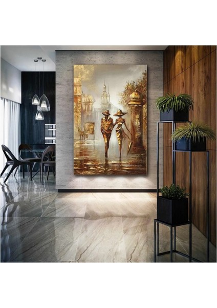 Sokakta Yürüyen Şemsiyeli Çift Bronz Nostalji Aşk Love Dekor Kanvas Tablo ART0087