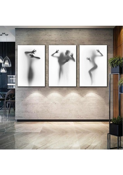 Perde Arkasındaki Nü Kadın Gölgesi Dekor Üçlü Kombin 3 Lü Set Kanvas Tablo ART00132