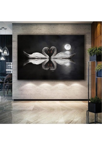 Kuğu Çifti ve Kalp Ay Işığı Alında Aşk Love Zarafet Doğa Manzara Hayvan Kanvas Tablo ART0073