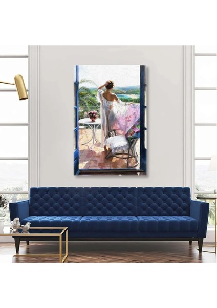 Balkondan Bakan Beyaz Elbiseli Kadın Kanvas Tablo ART0076