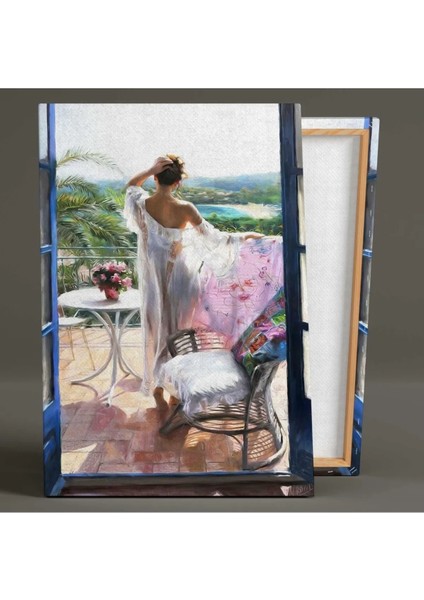 Balkondan Bakan Beyaz Elbiseli Kadın Kanvas Tablo ART0076 fiyatları