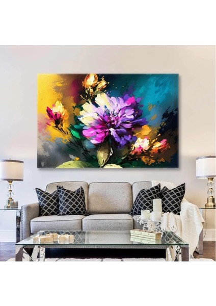 Renkli Çiçek Demeti Mor Krizantem Fırça Izleri Doğa Dekoratif Kanvas Tablo ART0041