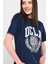 AVALON Lacivert Oversize Bisiklet Yaka Baskılı Kadın T-shirt 1