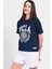 AVALON Lacivert Oversize Bisiklet Yaka Baskılı Kadın T-shirt 2