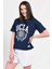 AVALON Lacivert Oversize Bisiklet Yaka Baskılı Kadın T-shirt 5